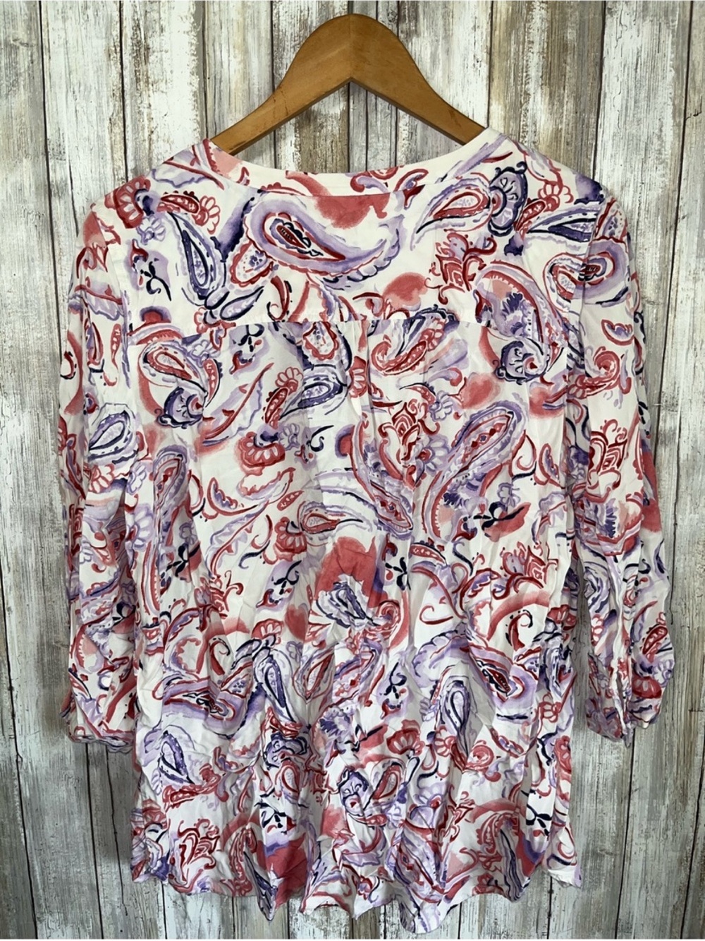 Talbots Large Watercolor Paisley Ruffle Button Front Blouse Pink Purple - Picture 6 of 6